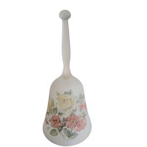 Frosted Viking Glass Hand Bell With Pink & Cream Floral Design 6" Height Made In